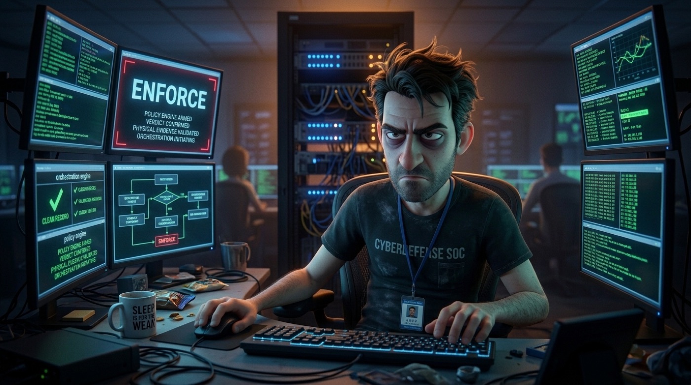 Alex, animated SOC analyst, arming the policy engine after a clean record