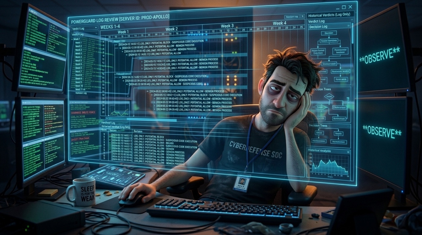 Alex, animated SOC analyst, reviewing four weeks of PowerGuard verdict logs