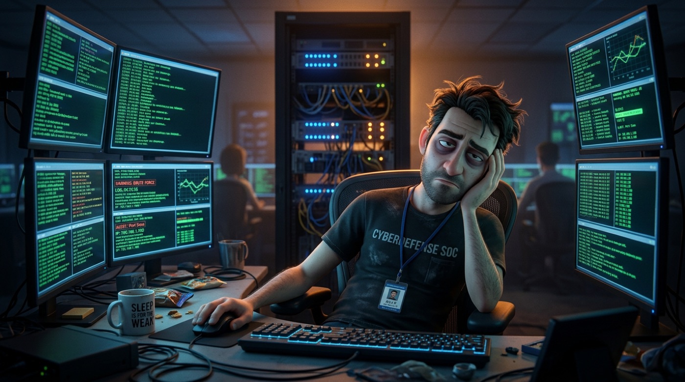 Alex, animated SOC analyst, exhausted at a wall of alert screens