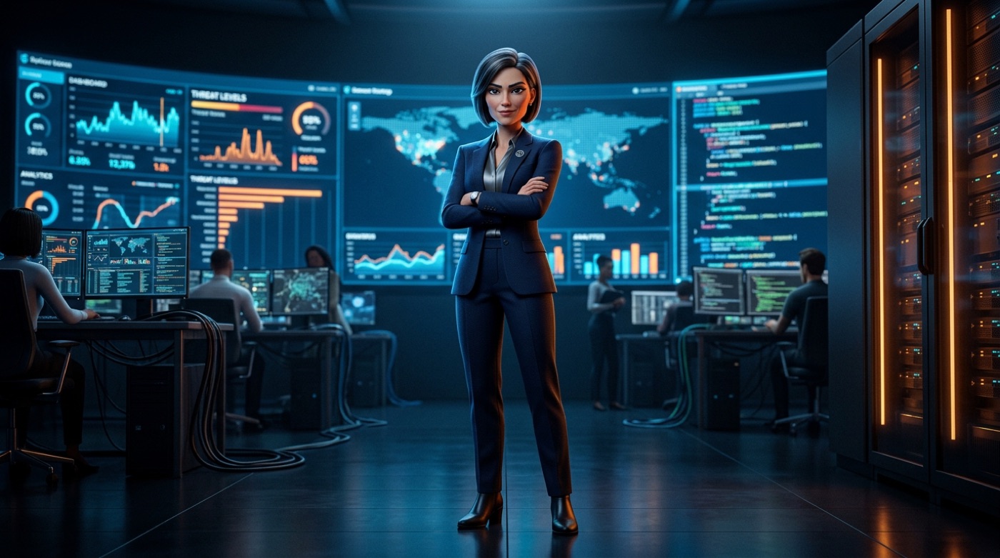 Dana, animated SOC lead, in a control room