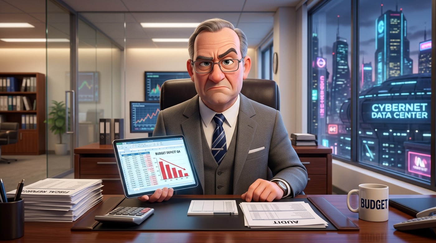 Finkel, animated CFO, holding a budget-deficit spreadsheet